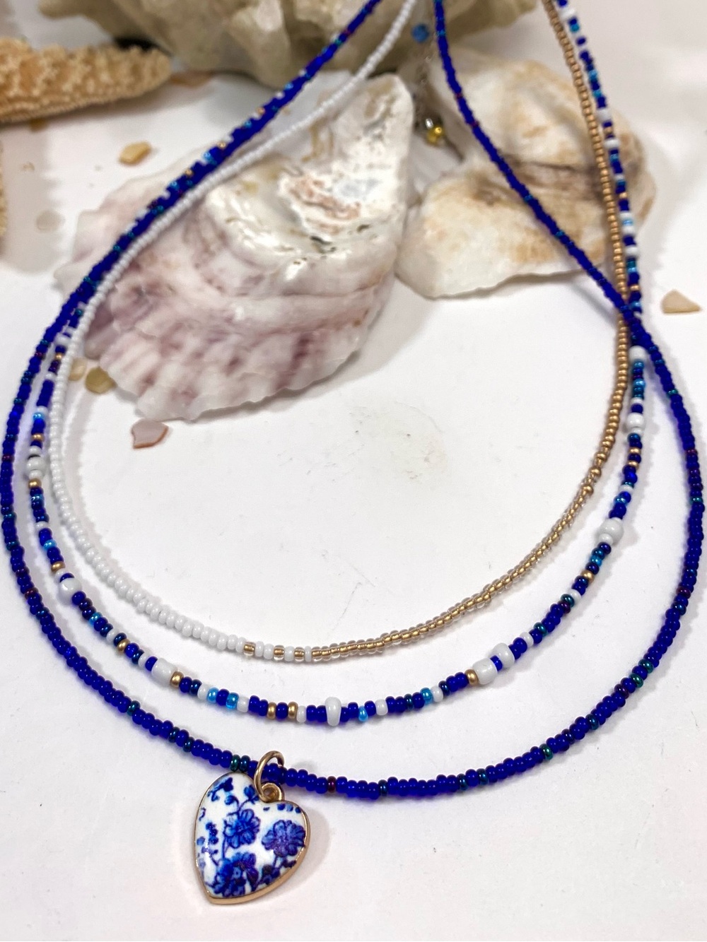 Blue Calico Floral China Heart 3 Layer Beaded Necklace